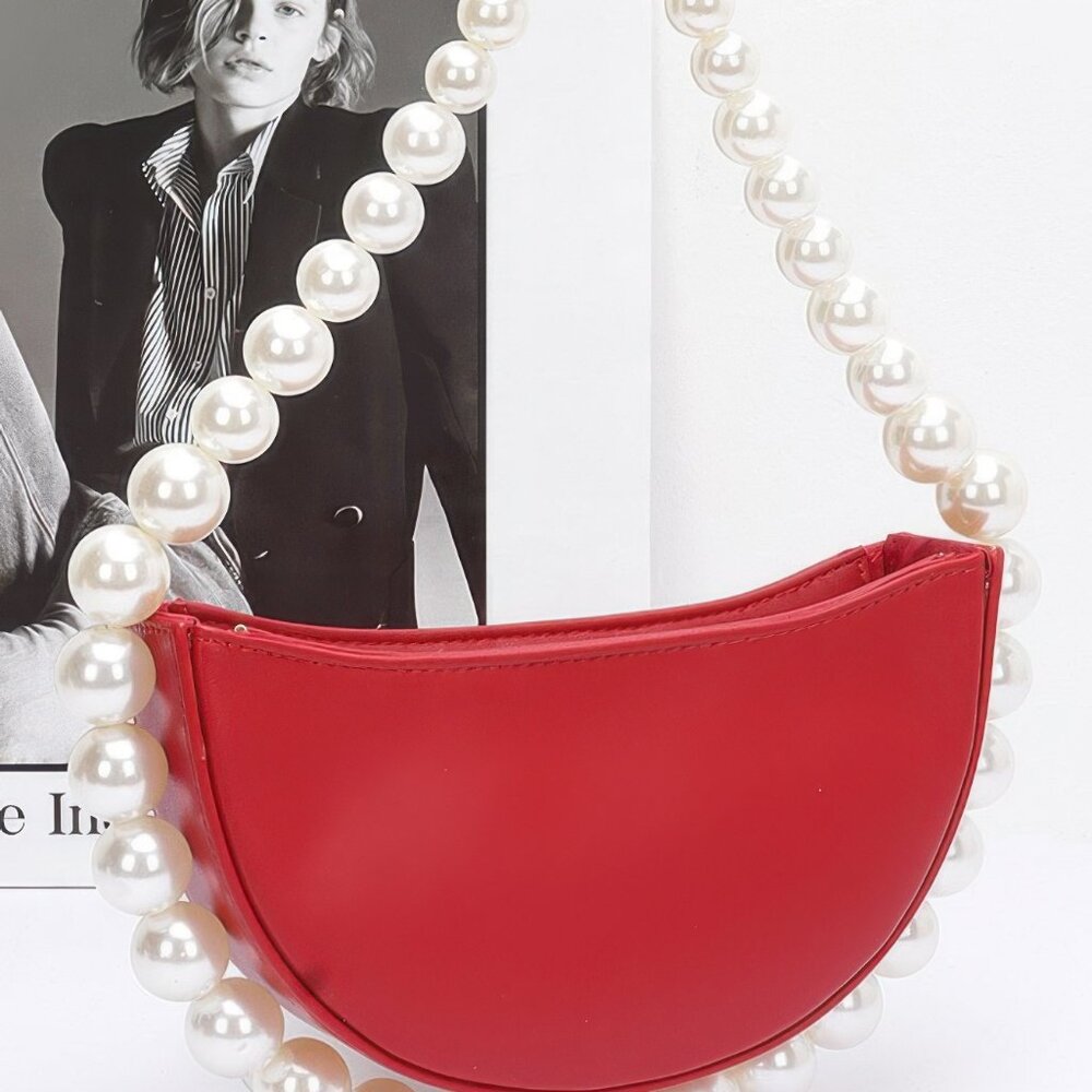 Faux Pearl Handle Half Moon Bag